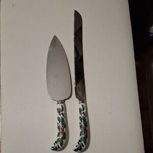 Holiday Cake Knife and Server Set with Green Holly Handles. Sheffield England